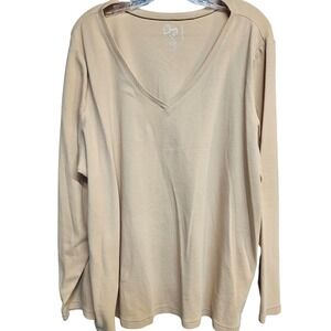 Perfect Fit Womens Plus Size 26/28W Tan V-Neck Long Sleeve Cotton Stretch Top